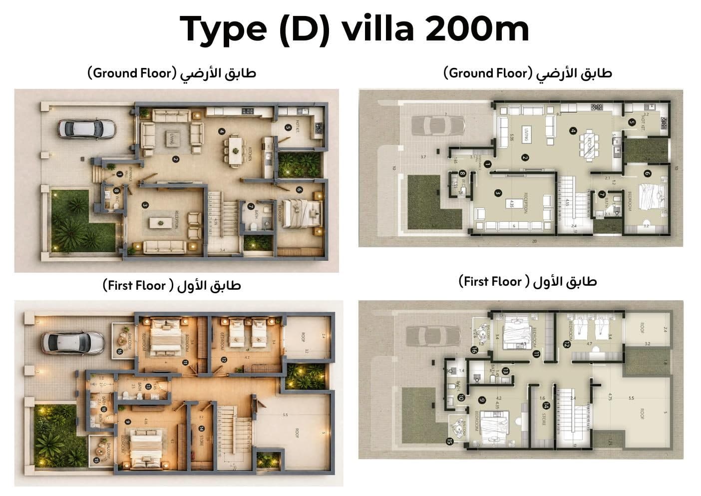Type (D) Villa — 200 m² — Ground & First Floor Plans